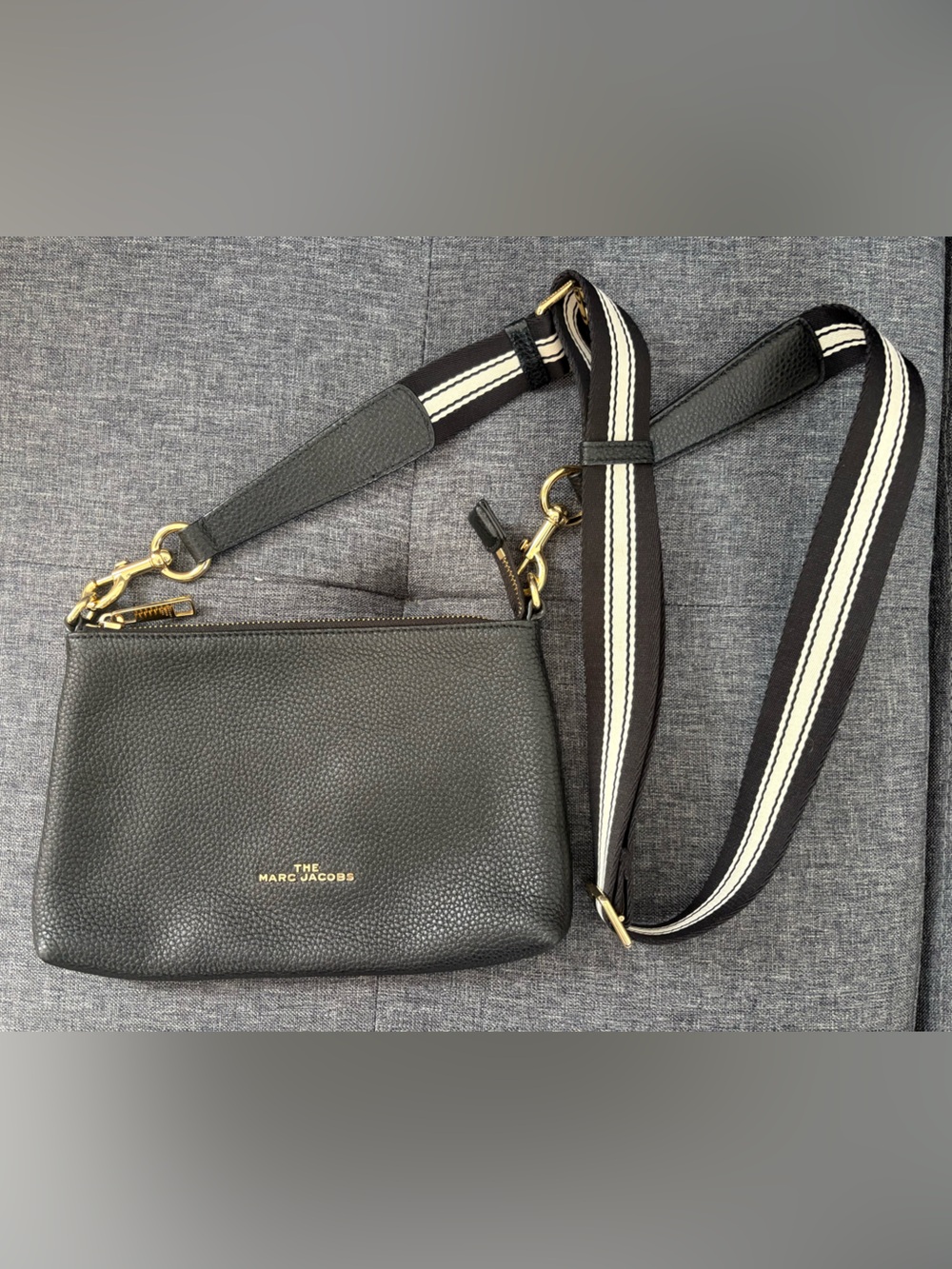 Marx Jacobs Black Pebbled Leather Crossbody Bag with Stripe Strap